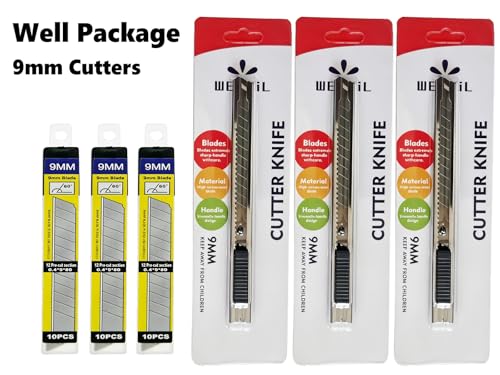 30 Snap Off Utility Knife Blades 9mm Auto Lock Retractable Craft Cutters with Extra 3 Pcs Carbon Steel Art Knives for Cutting Box Paper Cardboard Graphics Projects - color: Silver Set