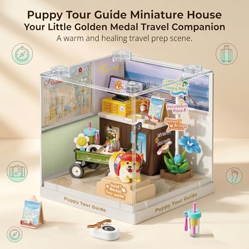 Puppy Tour Guide Miniature House Kit, Durable Plastic DIY Dollhouse with Dog Figure & Travel Scene, Stackable Transparent Dust Cover, Creative Desktop Decor for Adults Teens - color: Puppy Tour Guide, size: Small