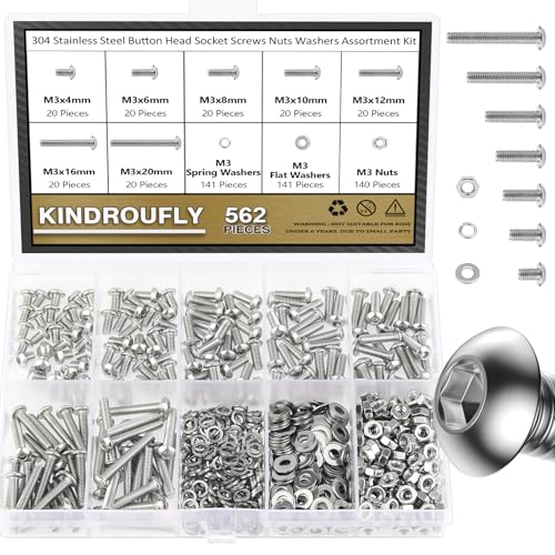 562 Pieces M3 x 4/6 /8/10 /12/16 /20mm Button Head Socket Cap Screws Nuts Washers Assortment Kit, 304 Stainless Steel, Fully Machine Thread - size: M3, style: Button Head