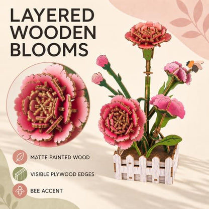 Evankin 3D Wooden Carnation Puzzle Kit, DIY Bouquet Model - color: Carnation