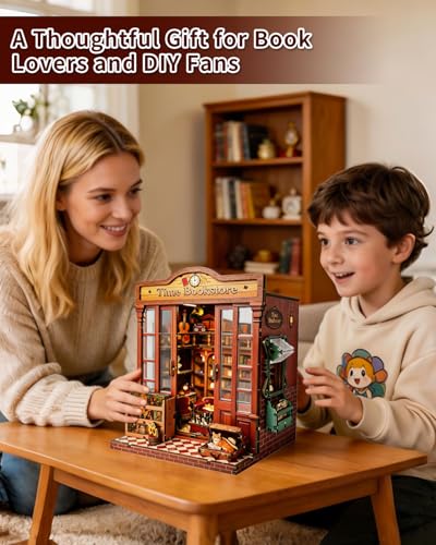 DIY Book Nook Kit Miniature House with Warm Light, Time Bookstore 3D Wooden Puzzles, Mini Bookstore Dollhouse Craft Kit for Adults&Teens, Bookshelf Insert Decor,Creative Gift for Shelf,Desk&Home Décor