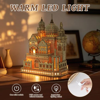 3D Wooden Puzzles for Adults, DIY Dreamy Castle Model Kit with Spark Light