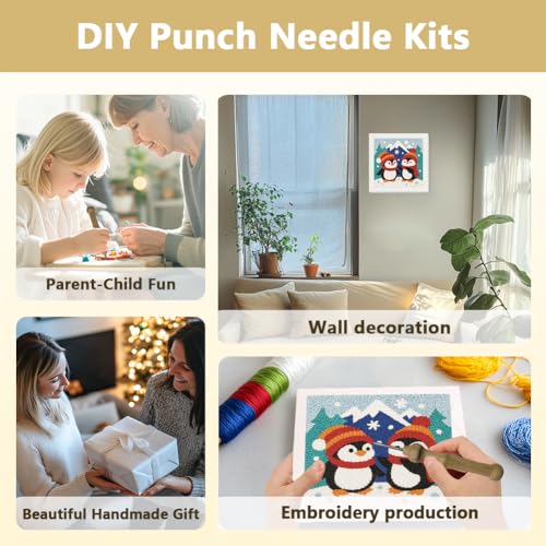 DOODLREAM Christmas Penguins DIY Punch Needle Embroidery Kit for Adult Beginner, 9.4" Snow Mountain Animal Punch Stitching Craft Set for Starter with Frame,Fabric Pattern,Threader, Yarn, Pinch Needle - color: Penguins