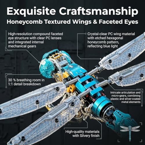 Mechanical Technik Dragonfly Building with Light, Compatible with Lego for Adults, Insect Animal World Model & Display Stand, Educational STEM Toys for Boys Home or Office Décor (866PCS) - style: Dragonfly
