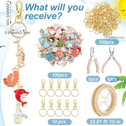 VioraWhite 213 Pcs Ocean Theme Keychain Making Kit Summer Bag Charm Kit Lip Gloss Keychain 100 Enamel Charms 32.81 ft Gold Chains for DIY Crafts Women - style: Ocean Theme