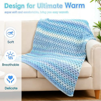 Aeelike Crochet Blanket Kit for Beginners, Easy Crochet Kits, Blue Gradient - color: Aurora Blue Gradient