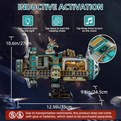 3D Wooden Puzzles International Space Station Model - Collectible Display Model with Interlocking Design, Motorized Solar Panels, Radar & Thrusters, LED Light Effects(Celestigon Station) - style: International Space Station