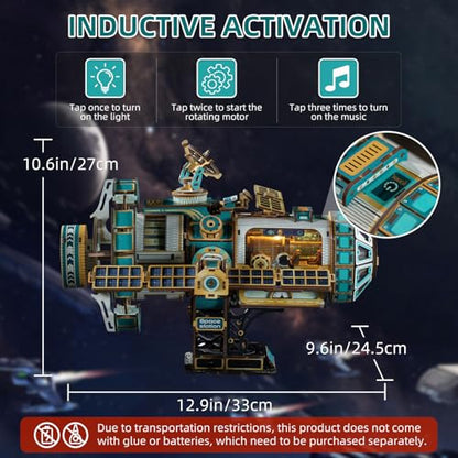 3D Wooden Puzzles International Space Station Model - Collectible Display Model with Interlocking Design, Motorized Solar Panels, Radar & Thrusters, LED Light Effects(Celestigon Station) - style: International Space Station