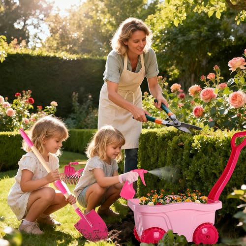 Duckura Kids Gardening Set with Wheelbarrow, Metal Garden Tools for Girls - color: Pink-8pcs