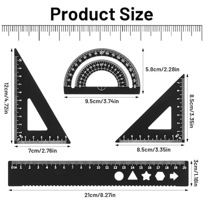 Metal Geometry Set 4 PCS Aluminum Triangular Ruler Set Geometry Math Drafting Ruler Kit Includes Protractor Triangle Rulers Straight Rulers for Math Drawing Drafting Art School Office Supplies (Black)