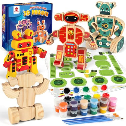 Mocoosy Wooden Robot Painting Art and Craft Kit for Kids Ages 3-5, Build & Decorate Your Own Robots with Paint & Stickers, Wood Robot STEM Game Montessoi Educational Toy Gift for Boys Girls 4-8 Years - style: Robot