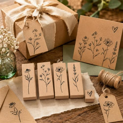 6pcs Wooden Rubber Floral Stamps Set, Crafting, Scrapbooking - color: 6pcs Floral