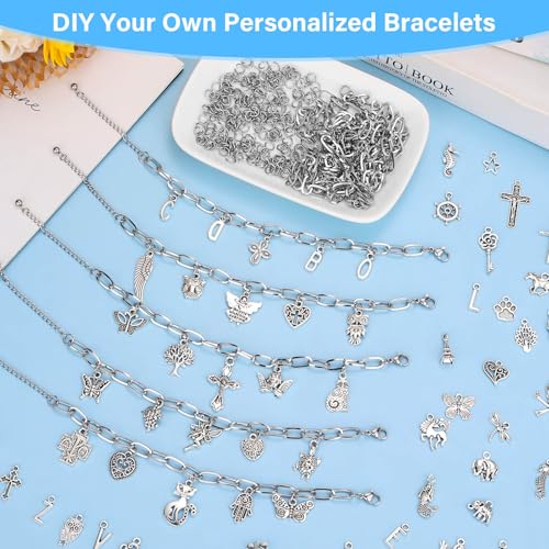 Flasoo 384 Pieces Silver Charm Bracelet Making Kit, Including Paperclip Chain Bracelets, Cross Charms, Jump Rings for DIY Bracelet Making