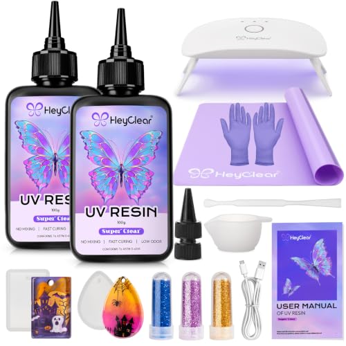 HeyClear UV Resin Kit with Light, Molds 200g Clear UV Epoxy Cure for Crafts - size: Curated Light Kit