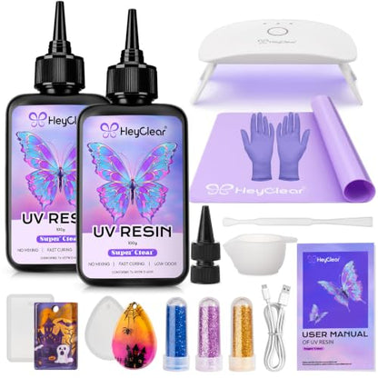 HeyClear UV Resin Kit with Light, Molds 200g Clear UV Epoxy Cure for Crafts - size: Curated Light Kit