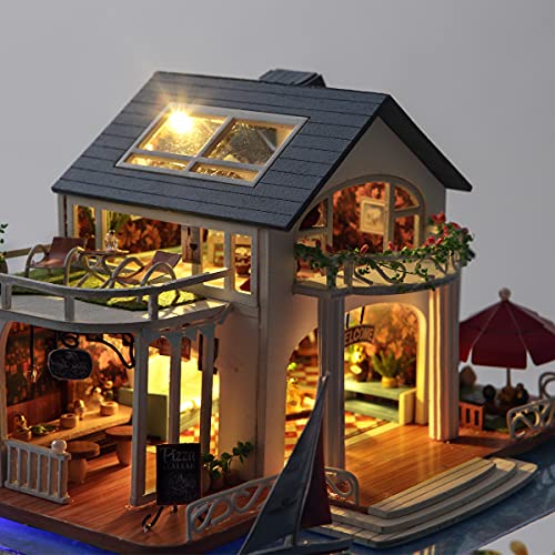GuDoQi DIY Miniature Dollhouse Kit, Tiny House kit with Furniture and Dust Proof, Miniature House Kit 1:24 Scale Beachside Bungalow, Great Handmade Crafts Gift for Birthday Christmas Day - color: Beachside Bungalow