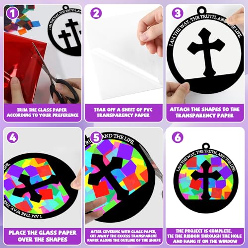QOUBAI 32 Sets Easter Cross Suncatchers Craft Kit DIY Religious Window Stained Glass Effect Christian VBS Paper Hanging Ornament Kid Sunday School Birthday Gift Creative Art Project Activity Game - style: Circle Cross
