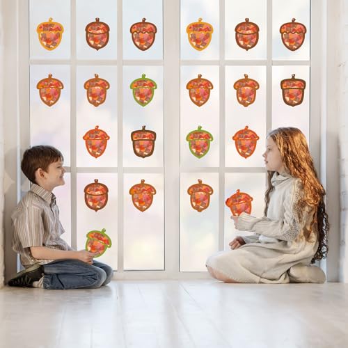 Renbuzhu 40-Pack Fall Acorn Paper Suncatchers Crafts Kit - DIY Autumn Stained Glass Window Decorations for Thanksgiving Activities, Art Projects - style: acorn