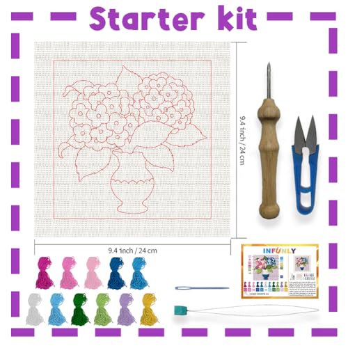 INFUNLY Hydrangea Punch Needle Kits for Beginner Adult Flower DIY Punch Needle Embroidery Starter Kits for Wall Hanging Vase Plant Needles Stitching Kit with Instruction for DIY Crafts Gift Home Decor - style: Hydrangea