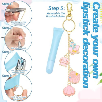 VioraWhite 213 Pcs Ocean Theme Keychain Making Kit Summer Bag Charm Kit Lip Gloss Keychain 100 Enamel Charms 32.81 ft Gold Chains for DIY Crafts Women - style: Ocean Theme