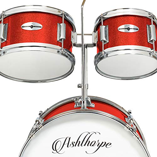 Ashthorpe 5-Piece Complete Kids Drum Set with Genuine Brass Cymbals - Junior Beginner Kit with 16" Bass, Throne, Hi-Hats, Pedals & Drumsticks - Red - color: Red