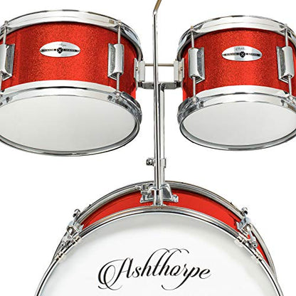 Ashthorpe 5-Piece Complete Kids Drum Set with Genuine Brass Cymbals - Junior Beginner Kit with 16" Bass, Throne, Hi-Hats, Pedals & Drumsticks - Red - color: Red