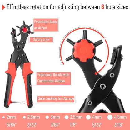 UNCO- Leather Hole Punch Tool Set with 240 Leather Rivets, Red Handle, Multi Punch Sizes, Rotary Belt Hole Puncher for Leathers, Belts, Straps, Pet Collars, Shoes, Saddles, Canvas & DIY Crafts