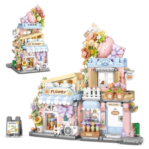 Street View Flower House Shop Mini Building Blocks, MOC Creative Building Toys Cute Panda Building Set for Girls 6-12, Simulation Architecture Construction Toy, Gift Idea for Kids Adults (854 PCS) - style: Flowers Store