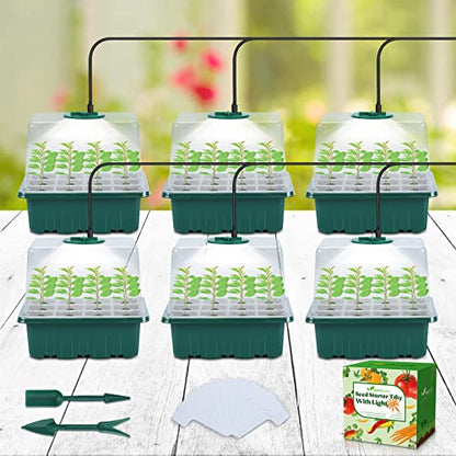 Seed Starter Tray with Light, 6PCS Seed Starter Kit with Grow Light, Seedling Starter Trays with Humidity Domes, Covers Height 3.9", Indoor Gardening Plant Germination Trays - color: Green