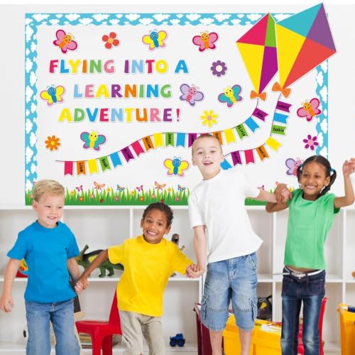 Classroom Bulletin Board Decoration Welcome Back to School Bulletin Board Amazing Things Happen Here Classroom Decor Pastel Rainbow Motivational Cutout for Elementary Home Chalkboard Wall Door Decor - style: Butterfly Kite