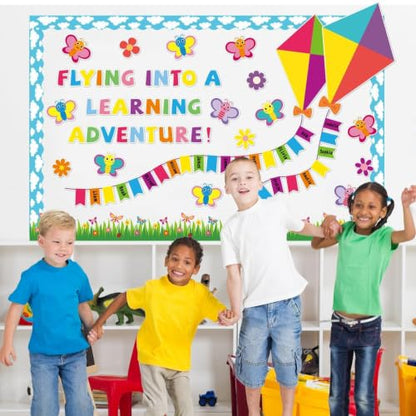 Classroom Bulletin Board Decoration Welcome Back to School Bulletin Board Amazing Things Happen Here Classroom Decor Pastel Rainbow Motivational Cutout for Elementary Home Chalkboard Wall Door Decor - style: Butterfly Kite