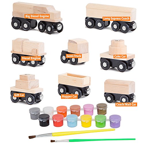 ORBRIUM 8 Unpainted Wooden Train Cars with 12 Colors Paint & Brushes Set for Wooden Railway Compatible Thomas & Brio Magnetic Trains Theme Birthday Party Favors Craft Creative Activity Boys Kids Girls