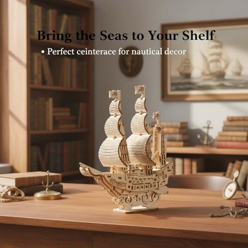 3D Pirate Ship Puzzle Wooden Model Kit, Birch Material, 52 Pieces, Easy Assembly Desk Decoration, DIY Home Decor & Small Gift, Includes Display Stand, 6.1" Tall, Ages 14 and Up