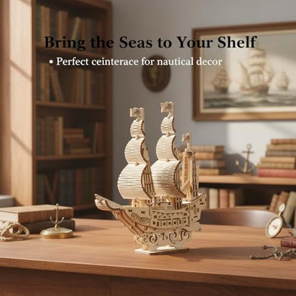 3D Pirate Ship Puzzle Wooden Model Kit, Birch Material, 52 Pieces, Easy Assembly Desk Decoration, DIY Home Decor & Small Gift, Includes Display Stand, 6.1" Tall, Ages 14 and Up
