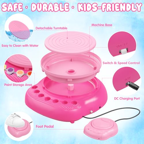 Weilim Pottery Wheel for Kids Beginners, Air-Dry Clay & Paint Kit Ages 6-12 - color: Pink