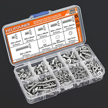 HELIFOUNER 360 Pieces M4 x 6mm /8mm /10mm /12mm /16mm /20mm, 304 Stainless Steel M4 Countersunk Socket Cap Screws Nuts Washers Kit - size: ['M4']