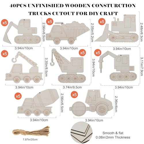 Unfinished Wooden Construction Vehicles Shape Cutouts to Paint Construction Trucks Wood Slices for DIY Crafts Construction Theme Wooden Hanging Ornaments Digger Decor for Home Party Decorations (40)