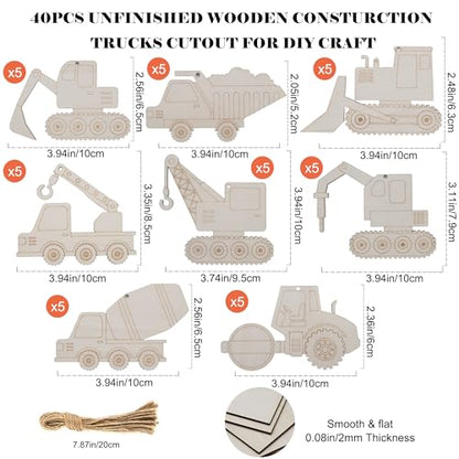 Unfinished Wooden Construction Vehicles Shape Cutouts to Paint Construction Trucks Wood Slices for DIY Crafts Construction Theme Wooden Hanging Ornaments Digger Decor for Home Party Decorations (40)