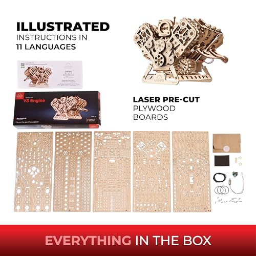 UGEARS V8 Engine Wooden Model Kits for Adults to Build – 3D Wooden Puzzles for Adults Mechanical Model Building – DIY Kit Functional Model Engine Kits Replica with Electric Motor - 776 Pcs