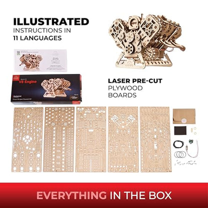 UGEARS V8 Engine Wooden Model Kits for Adults to Build – 3D Wooden Puzzles for Adults Mechanical Model Building – DIY Kit Functional Model Engine Kits Replica with Electric Motor - 776 Pcs