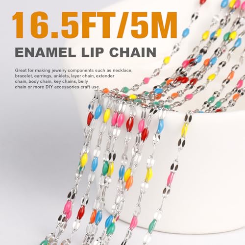 16.5FT Stainless Steel Enamel Chain 2MM Enamel Lip Chain for Jewelry Making - color: stainless steel(colorful)