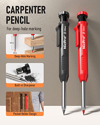 Nicpro Carpenter Pencils with Sharpener, Mechanical Pencil for Construction - color: Black,Red, size: 2 Pack