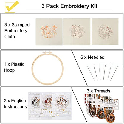 Uphome 3 Pack Embroidery Starter Kit for Beginners Stamped Cross Stitch Kits with Cute Flowers and Plants Patterns with 1 Embroidery Hoop and Color Threads for Adults Kids