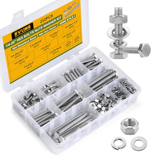 232PCS 1/4''-20 Hex Bolts and Nuts Assortment Kit,1/4-20 x 1/2'',3/4'',1'',1-1/2'',2'',2-1/2'',3'' SAE Stainless Steel Bolts Nuts and Washers Assorted Set - size: SS 1/4 232PCS Hex Bolt