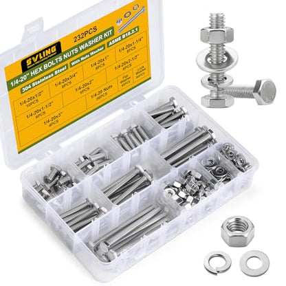 232PCS 1/4''-20 Hex Bolts and Nuts Assortment Kit,1/4-20 x 1/2'',3/4'',1'',1-1/2'',2'',2-1/2'',3'' SAE Stainless Steel Bolts Nuts and Washers Assorted Set - size: SS 1/4 232PCS Hex Bolt