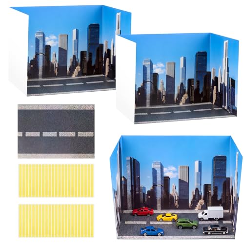 AmazingSpark 2 Set City Style Diorama Box and Road Sticker Decor, City Diorama Project Supplies Set, Cardboard Display Case Kit & Cards with Double Sided Tapes for Cars Miniature DIY Crafts - style: City