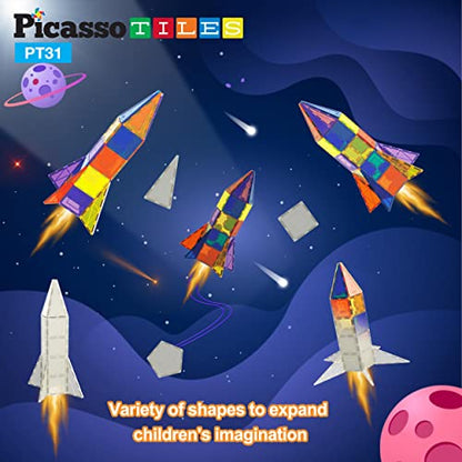 PicassoTiles UV Activated Color Changing Rocket Set Magnet Construction Toy Kit Engineering STEM Learning Playset Child Brain Development Stacking Blocks Playboard for All Ages 3 and Up PT31 - color: Uv Activated Color Changing