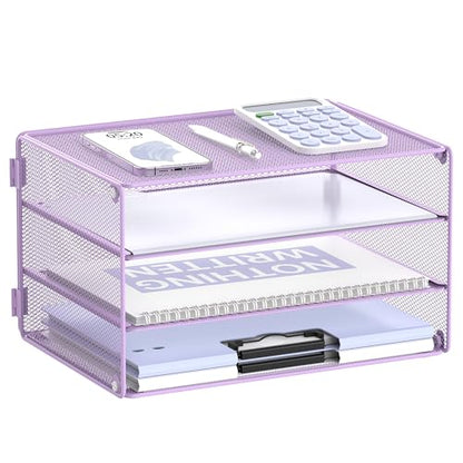 DALTACK 3 Tier Letter Tray Paper Organizer with Sliding Mesh Trays Purple - color: Purple