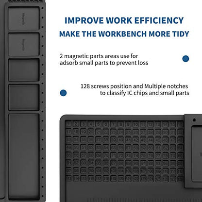 HengTianMei-202 Black Magnetic Repair Work Mat Heat Resistant 932°F, Silicone Soldering Mat Expand Work Area for Soldering, Electronics, BGA, Soldering Station, Computer Repair Etc 17" * 12" - size: HTM-202