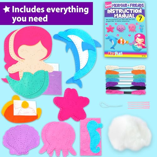KRAFUN Mermaid Sea Animals Sewing Kit for Kids Age 6+ | 7 Projects - color: Mermaid & Friends